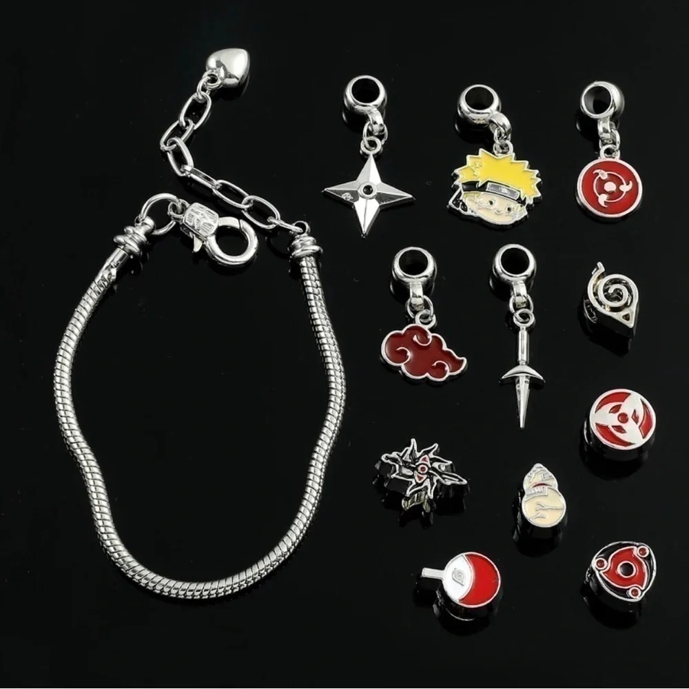 Silver Plated Naruto Shippuden Anime Themed Charm Bracelet Adjustable Sizing